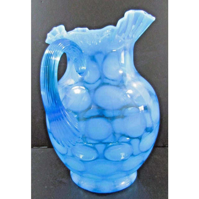 Fenton Art Glass Company Vintage Fenton Blue Opalescent Coin Spot Glass Pitcher and 4 Tumblers Set For Sale - Image 4 of 17