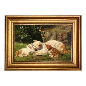 Cat and Kittens Framed 7x11" Oil Painting Print on Canvas