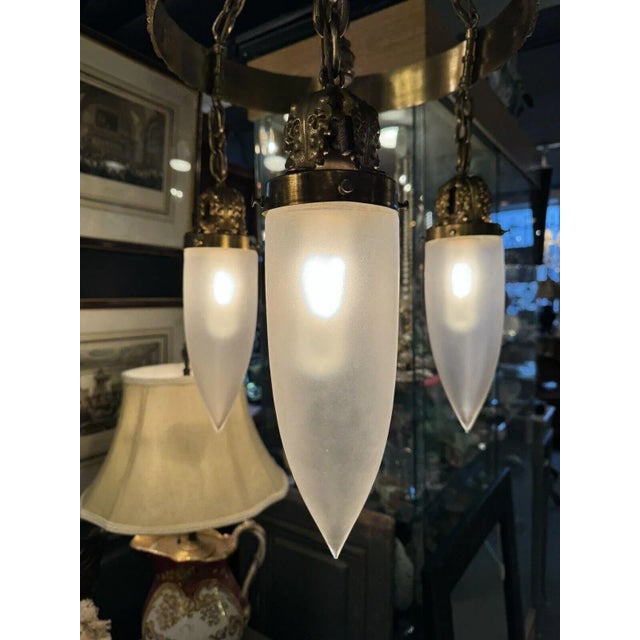 Antique Brass Three Light Tudor Revival Quatrefoil Pattern Chandelier For Sale - Image 4 of 12