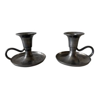 Pair of Vintage Pewter Chamberstick Candle Holders For Sale