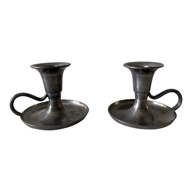 Pair of Vintage Pewter Chamberstick Candle Holders For Sale