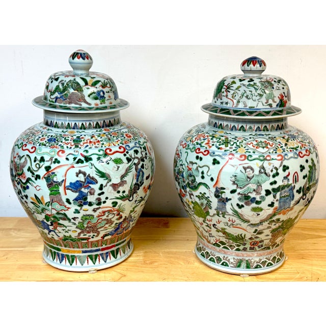 Pair Monumental Chinese Famille Verte Buddhist Ginger Jars, Late Qing Dynasty For Sale - Image 18 of 18