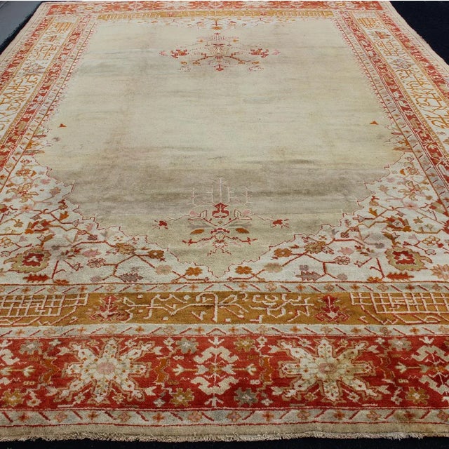 Large Antique Oushak Rug in Taupe / Light Green Background and Red Border For Sale - Image 4 of 12