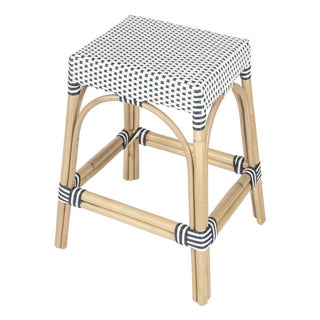 Robias 24.5 in. Seat Height Rectangular Rattan Backless Counter Stool with Footrest, White/Navy Dot / Natural Rattan Frame For Sale
