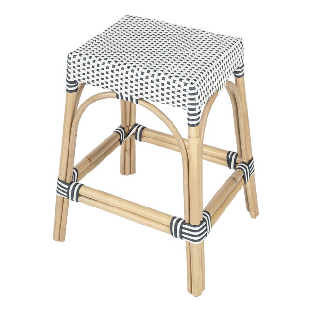Robias 24.5 in. Seat Height Rectangular Rattan Backless Counter Stool with Footrest, White/Navy Dot / Natural Rattan Frame For Sale