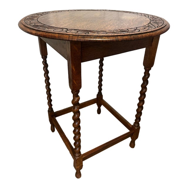 Round English Barley Twist Oak Carved Table For Sale
