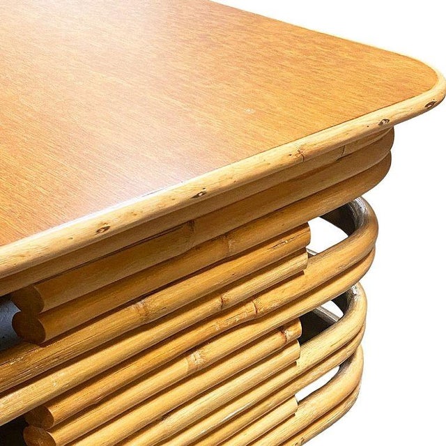 Restored Mid-Century Stacked Rattan Coffee Table W/ Rattan Wrapped Mahogany Top For Sale - Image 4 of 7