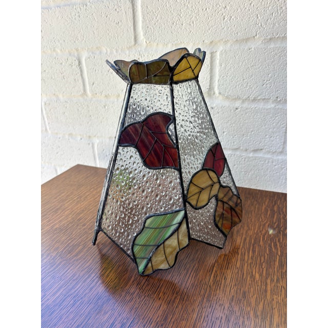 Mission Vintage Stained Glass Lamp Shade With a Vibrant Fall Leaf Pattern For Sale - Image 3 of 4