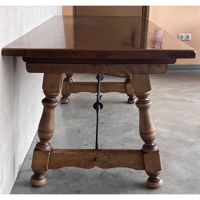 Wood Late 19th Spanish Walnut Dining Fratino Table With Iron Stretcher For Sale - Image 7 of 11