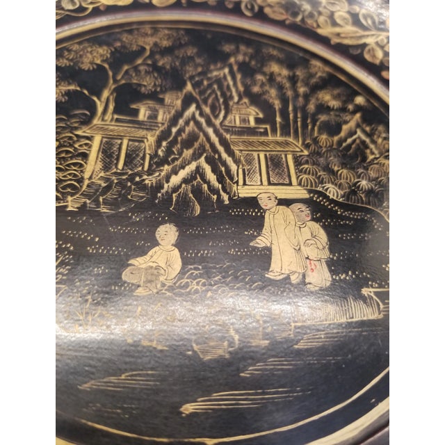 Vintage Asian Handpainted Wood Plate With Gold Accent.Scene with boys and Father playing