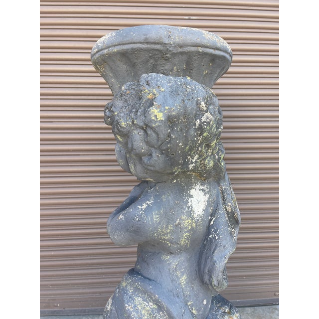 Slate Gray 1940s Pair of Grand 39" Tall Neoclassical Cast Stone Putti Figure Planters With Mossy Patina For Sale - Image 8 of 14
