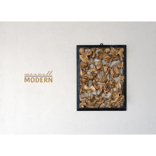 Absolutely stunning vintage Chinese gilded wood carving relief panel depicting a nature scene with birds in a lotus...