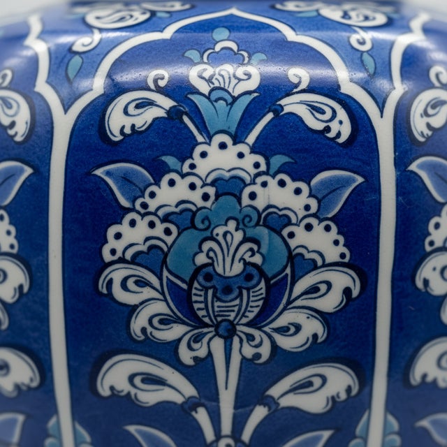 Turkish Handmade Ceramic Lidded Jar (30cm) The Shah Vase Cobalt Blue Ground and White Floral Panels For Sale - Image 3 of 7