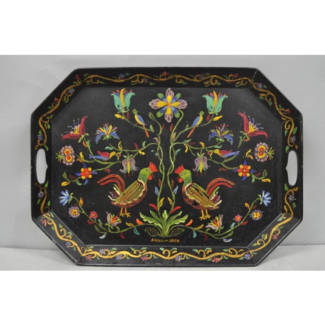 Vintage Lida Bell Clark French Country Pa Dutch Hand Painted Toleware Metal Tray For Sale - Image 16 of 16