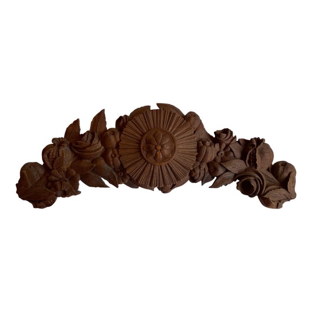 Large Antique Carved Oak Sunburst Rose and Pomegranate Pediment - For Sale