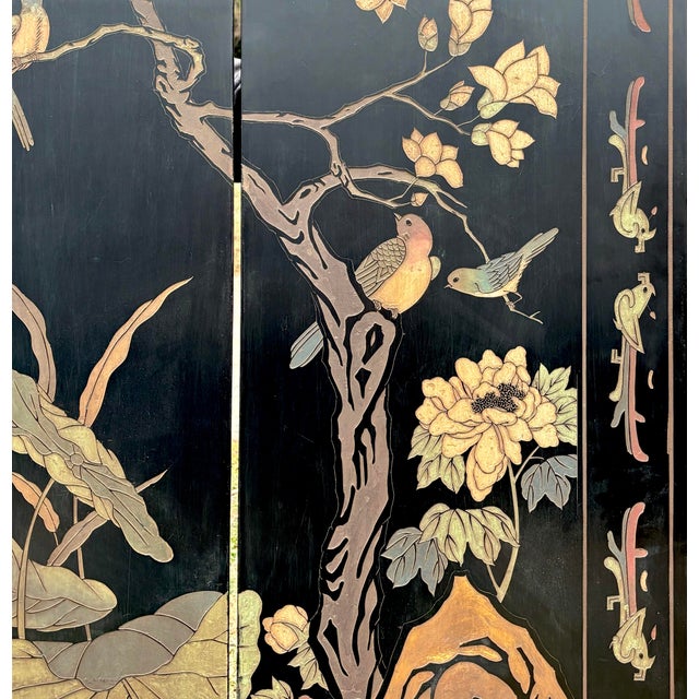 Exquisite Chinese Export Four Panel Coromandel Screen With Birds in Landscape For Sale - Image 6 of 15
