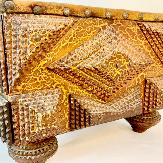 Wood 1890s Antique Folk Art Americana Tramp Art Star Design Ottoman Footstool For Sale - Image 7 of 16