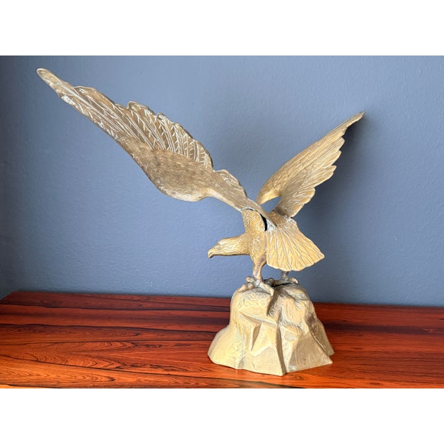 Mid-Century Modern 1970s Brass American Bald Eagle Sculpture on Rock For Sale - Image 3 of 12