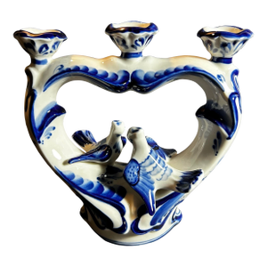 Blue and White Porcelain Heart Shaped Candelabra With Two Doves