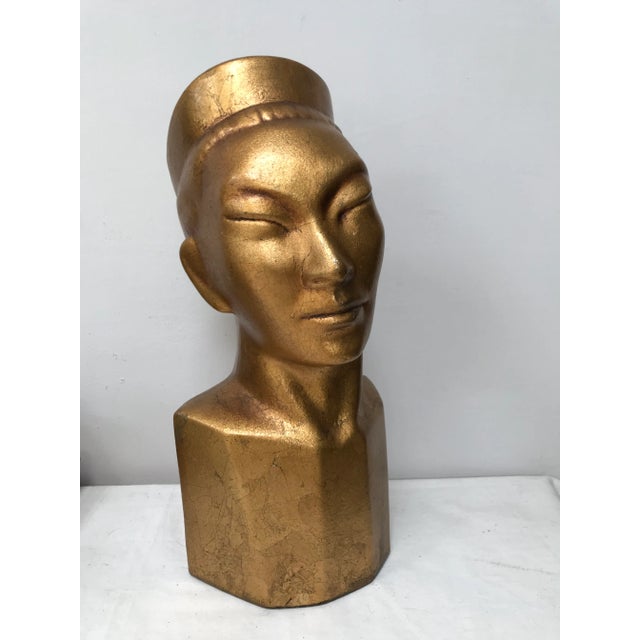 Mid century modern golden bust of an Asian male. Chalkware was very much en vogue during the middle of the last century...