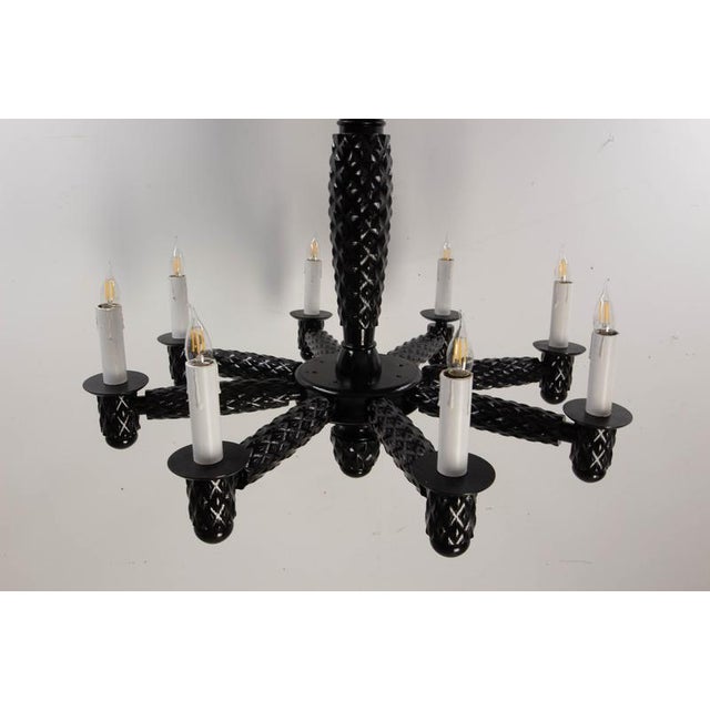 French Black Lacquered Wood Chandelier with Eight Lamps, 1940 For Sale - Image 4 of 13