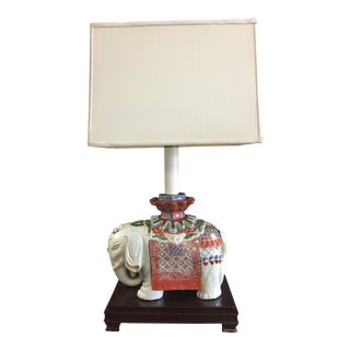 Vintage White and Orange Ceramic Elephant Lamp With Shade For Sale