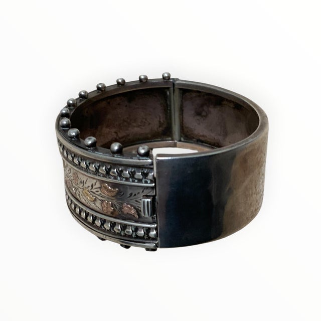 Antique Aesthetic Period Sterling Silver Hinged Cuff Bangle with Rose &amp; Yellow Gold Floral Appliqué Possibly British...