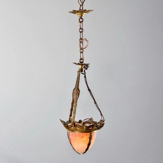 Art Deco Small Muller Freres Mottled Glass and Bronze Art Deco Pendant For Sale - Image 3 of 11