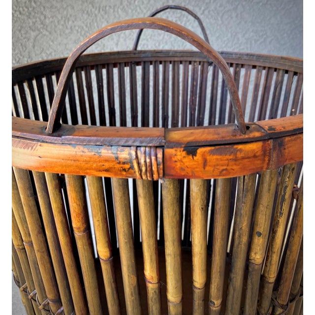 Mid 20th-Century Split Bamboo Tortoiseshell Planter Floor Basket With Ear Handles For Sale - Image 17 of 18