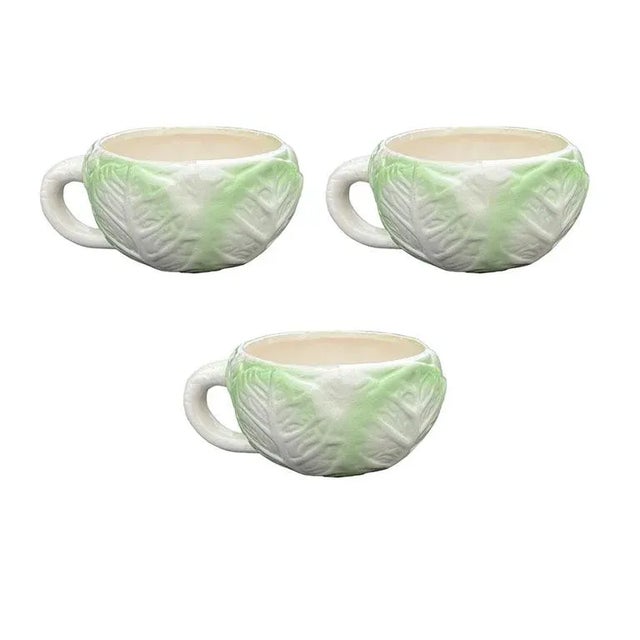 Ceramic Cabbage Ware Green and Cream Coffee Cups or Soup Mugs - Set of 3 For Sale - Image 7 of 7