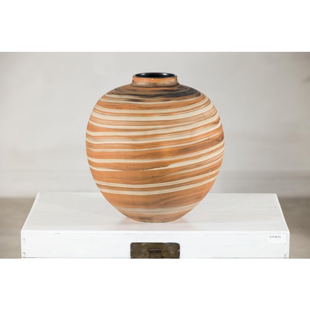Artisan Hand-Thrown Ceramic Vase with Layered Earth-Tone Slip Decoration For Sale - Image 9 of 18