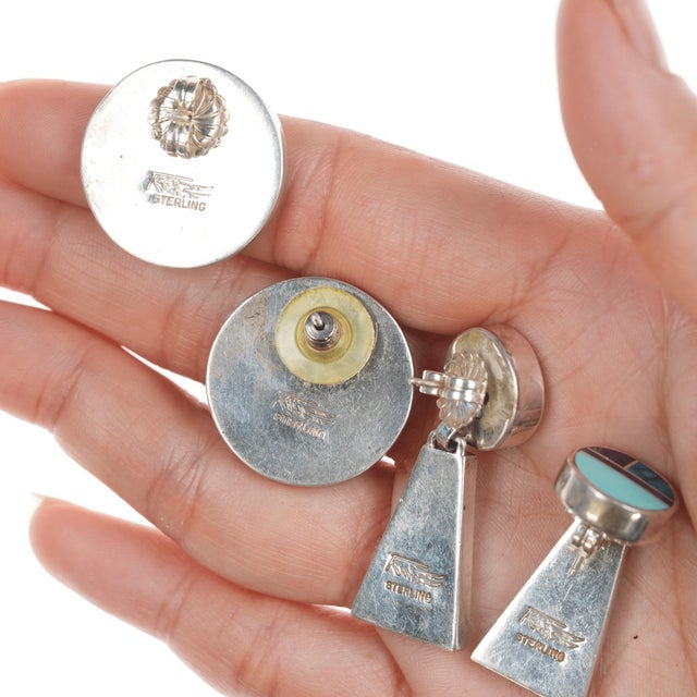 2pr Ray Tracey Knifewing Navajo Multi-stone channel inlay sterling earrings For Sale In Austin - Image 6 of 8