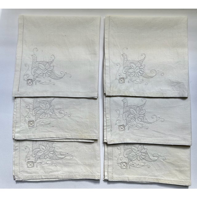 Set of 6 Mid 20th Century Off White Linen & Cotton Dining Napkins With Cut Work For Sale In New York - Image 6 of 16