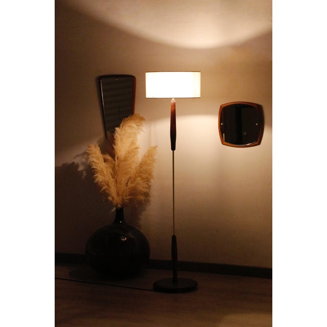 Brown Vintage Teak and Brass Floor Lamp with Cream Lampshade, 1960s For Sale - Image 8 of 11