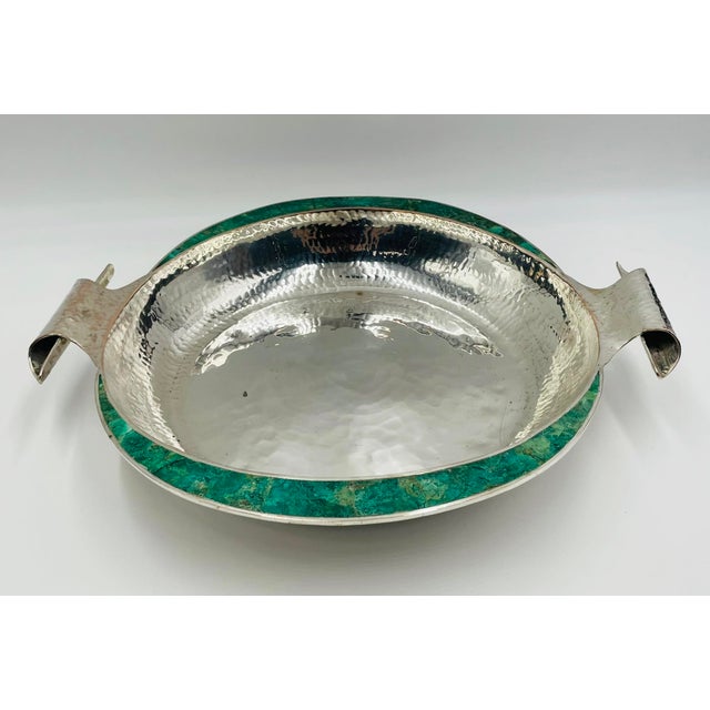 1980s Emilia Castillo Silver-Plated Serving Bowl With Malachite Inlay, Mexican Design For Sale - Image 11 of 18