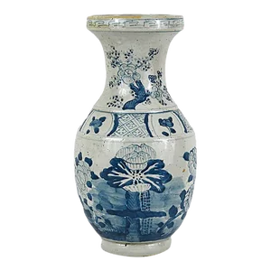 Contemporary Chinoiserie Porcelain Blue & Bone White Botanical Vase