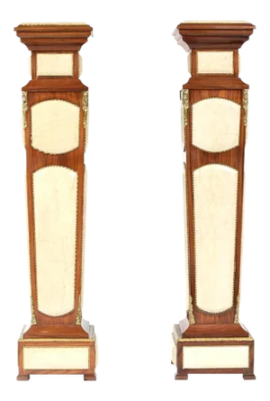 Mahogany Wood / Faux Marble Panels Pedestal Tables - a Pair