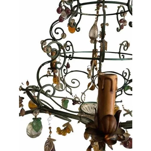 Glass Vintage Wrought Iron Chandelier Decorated with Pendants of Various Shapes and Sizes and a Floral Theme For Sale - Image 7 of 9