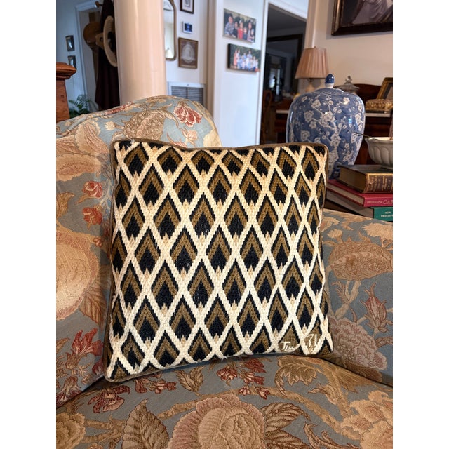 Vintage Signed Bargello Flame-Stitched Pillow - Handmade of Wool and Velvet - 15” X 15” For Sale In New Orleans - Image 6 of 6