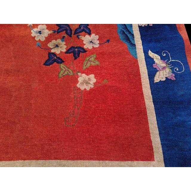 Antique Chinese, Art Deco rug, size: 8'10" x 11'8" Floral with navy border. Wool Hand Knotted Pile 1920s Antique Coral /...