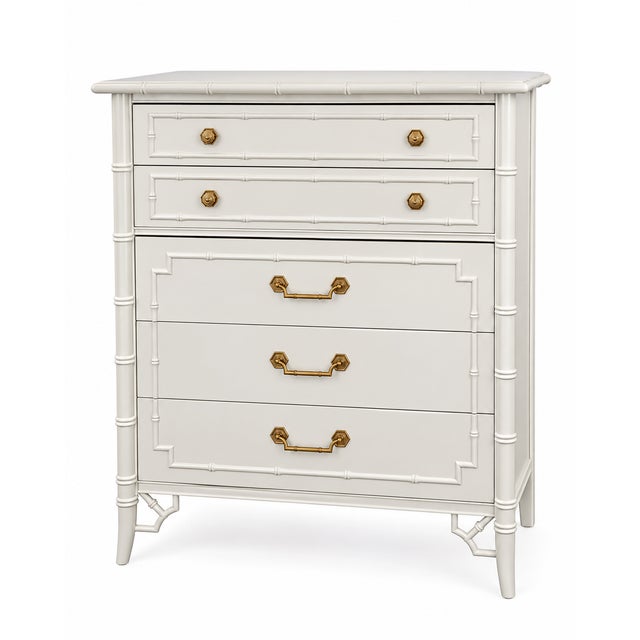 Chinoiserie Vintage Thomasville Faux Bamboo Highboy Dresser With Chinoiserie Fretwork & Brass Hardware For Sale - Image 3 of 8