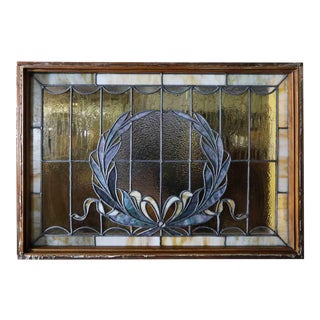 Antique Stained Glass Window With Wreath and Bow Motif For Sale