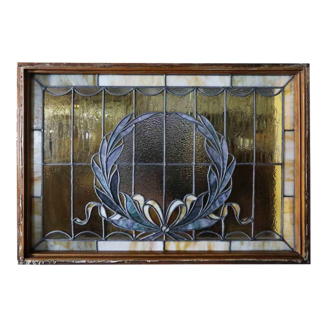 Stained Glass Window Antique - Wreath and Bow Design For Sale