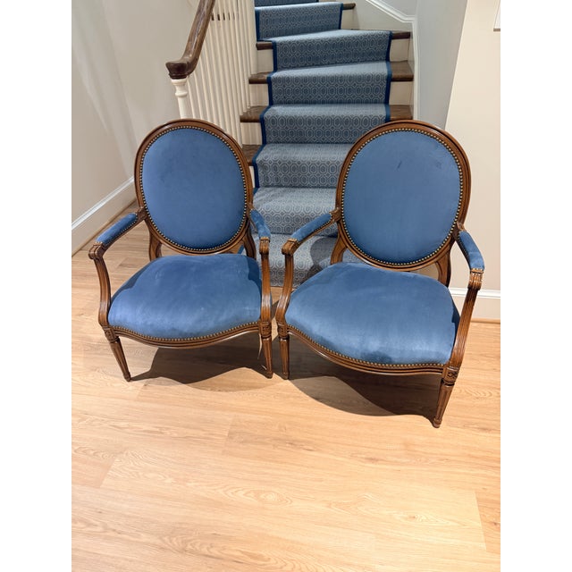 Blue Pair of Ultra Suede Blue Louis Style Armchairs For Sale - Image 8 of 9