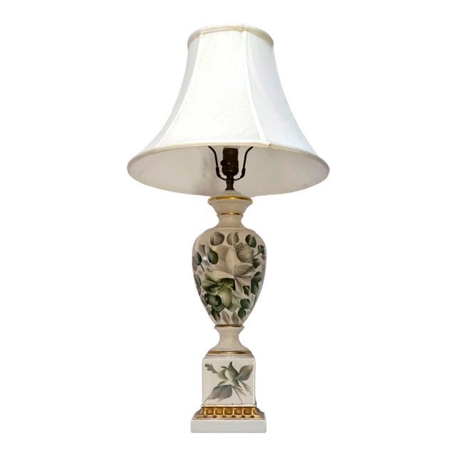 Signed Hand Painted Porcelain Mid 20th Century White, Green and Gilt Lamp For Sale