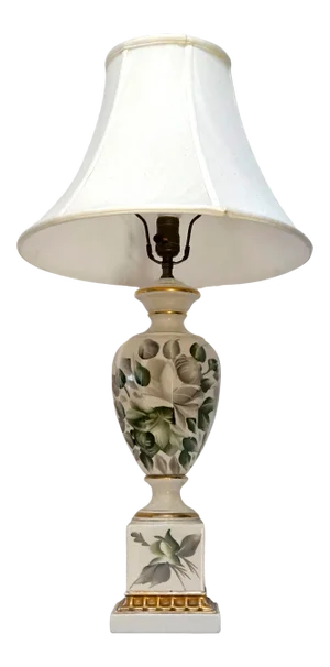 Signed Hand Painted Porcelain Mid 20th Century White, Green and Gilt Lamp
