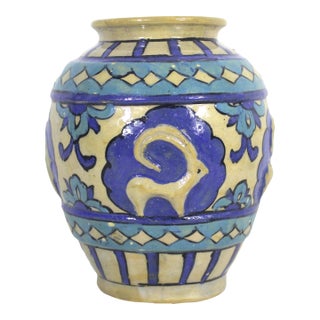 Vintage Primitive Clay Vase With Raised Ram Motif Blue and Turquoise For Sale