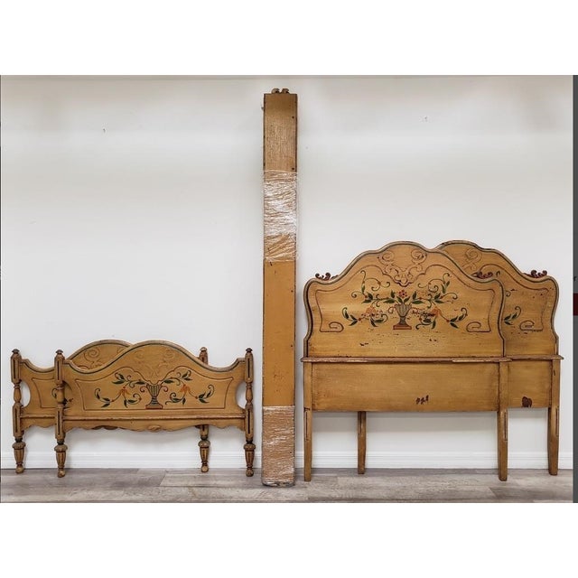 Pair Vintage French Provincial Hand Painted Gold Floral Twin Headboards W Rails For Sale - Image 4 of 17