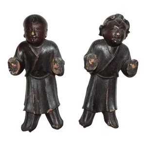 Antique 19th Century Chinese Carved Wood Figures With Lacquer Finish - a Pair