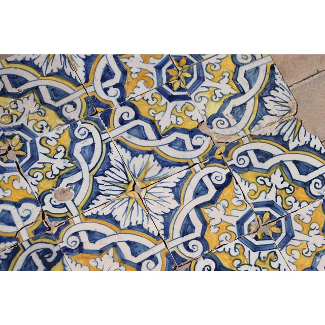 Yellow 17th Century Portuguese Antique Tiles Set of 40 Blue, Yellow & White Geometric Floral For Sale - Image 8 of 18